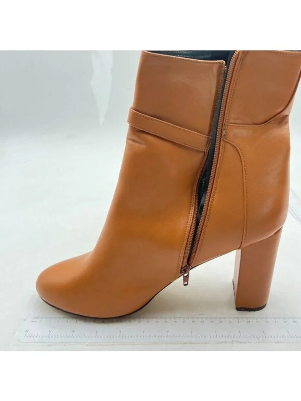 Brown Women Ankle Boots Side Zip Closed Toe Block Heel Buckle Strappy Dress Shoe